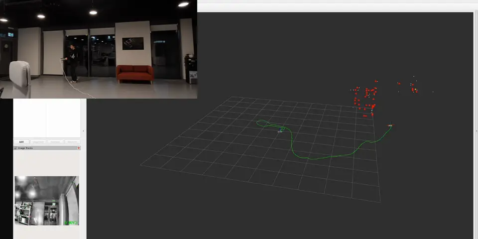 A tracked target arriving as a ROS 2 topic and drawing its path in RViz, beside the camera on a single cable.
